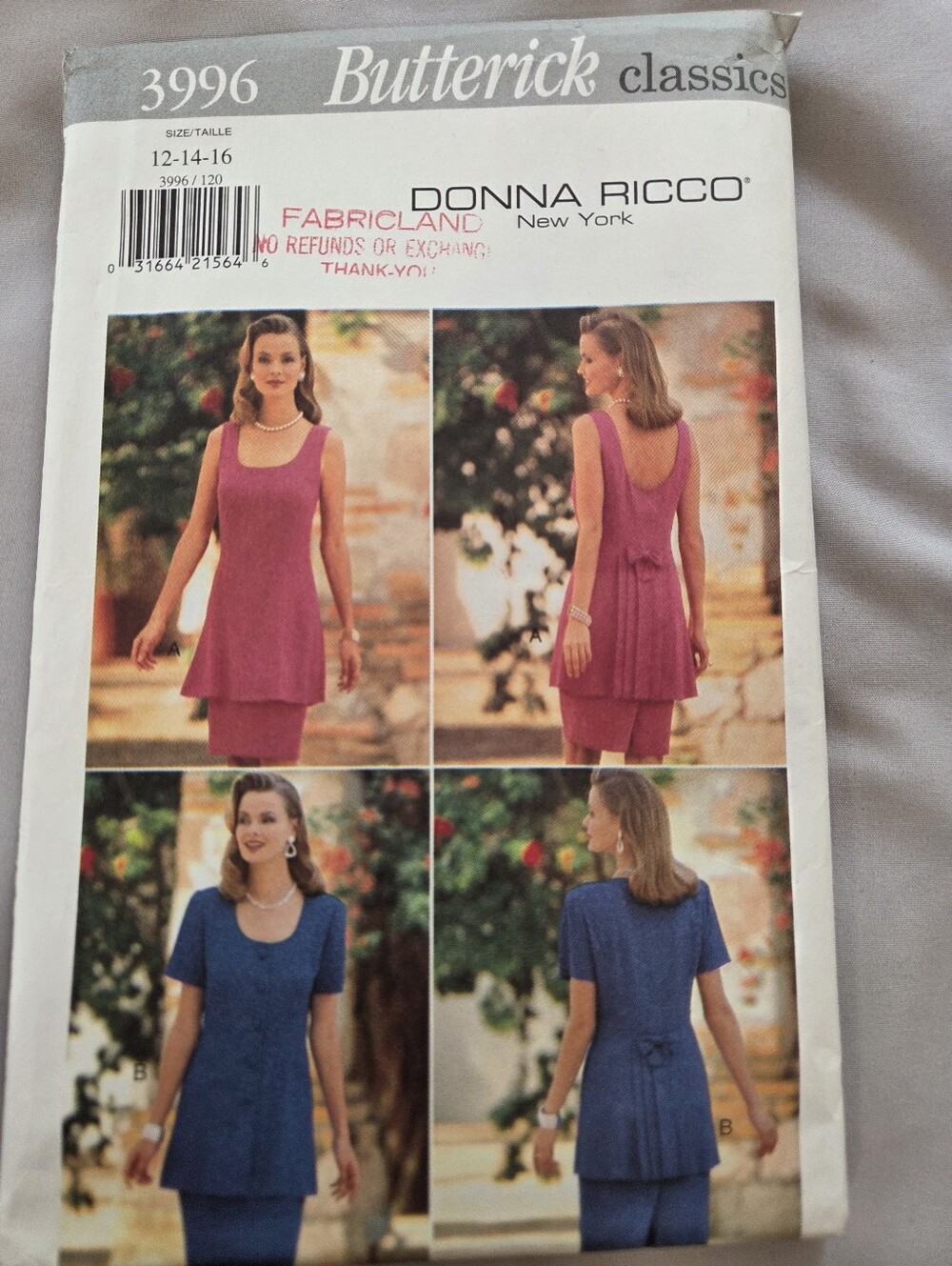 Butterick Donna Ricco 3996 Misses' Tunic & Skirt Sewing Pattern